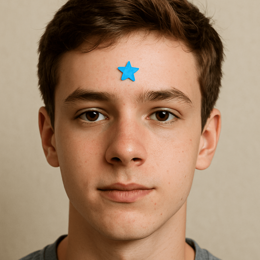 момче със син пач за акне на челото